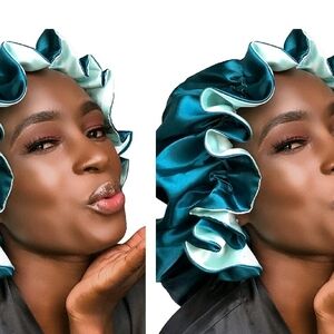 Satin Teal and White Hair Bonnet